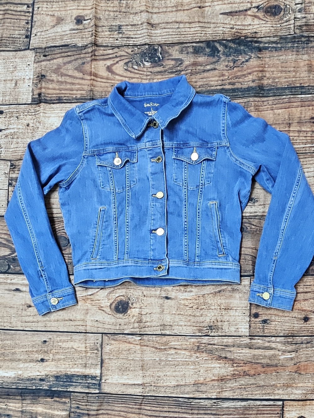 Lilly Pulitzer Jean Jacket Puff Sleeves Light Blue Stretch Women’s Size Large - Picture 2 of 11